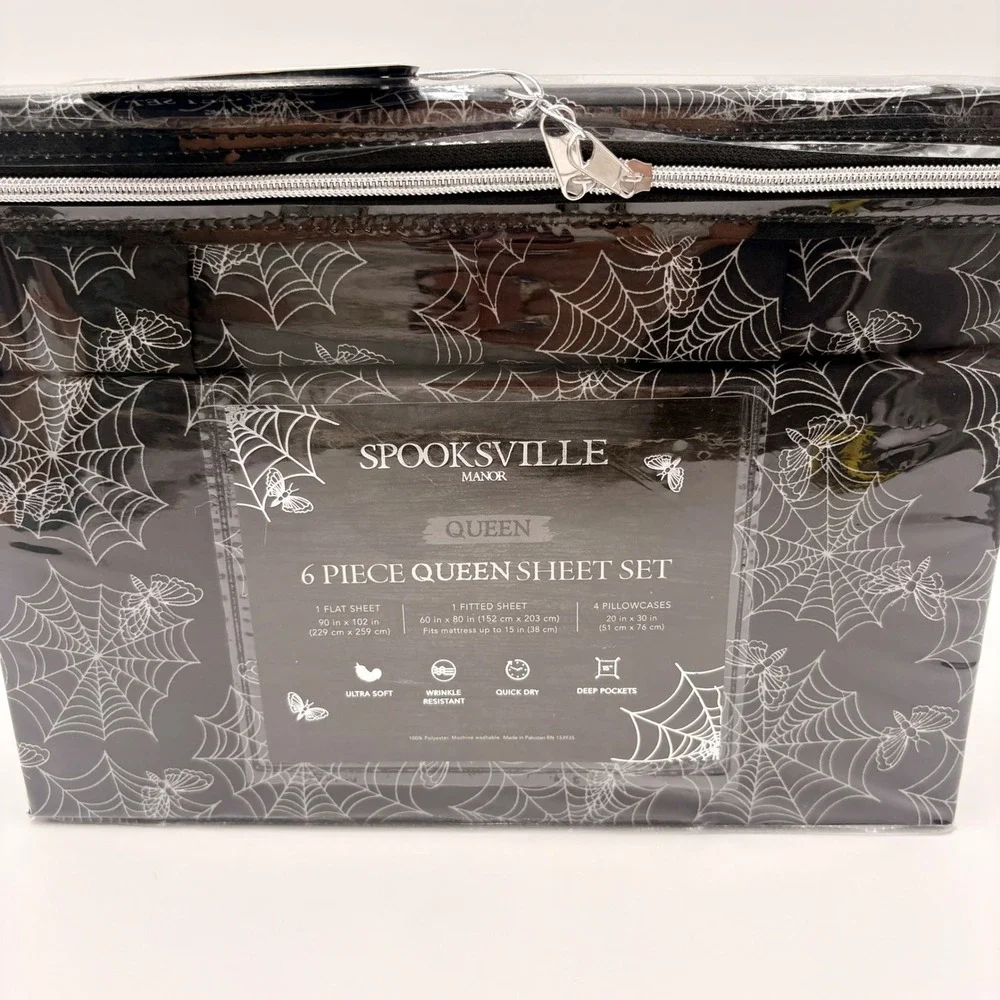 Spooksville Manor Queen Sheet Set 6 Piece Spiderweb Moth Gothic Black White NEW